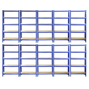 10 blaue Monstershop T-Rax Lagerregale (75cm) mit 5 Böden und Gummihammer.