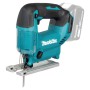 Türkis-schwarze Makita Akku-Pendelhubstichsäge DJV186Z mit Akku, Sägeblatt und neigbarer Grundplatte.