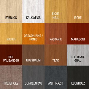 Farbmuster der Bondex Holzlasur für Außen, verschiedene Holzfarbtöne von Farblos bis Ebenholz.