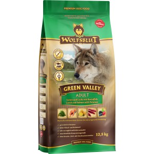 Wolfsblut Green Valley Adult Trockenfutter, 12,5kg Sack mit Wolfsmotiv. Hunde-Trockenfutter mit Lamm und Lachs.