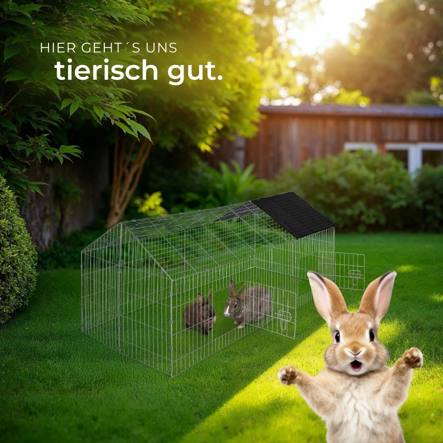 Schwarzes Tectake Freilaufgehege für Kaninchen mit Sonnenschutz im Garten.