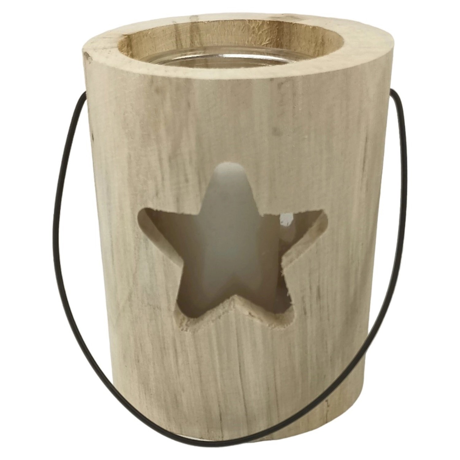 Windlicht aus Holzstamm im Nordic-Style mit Glas und Stern-Motiv, ca. 15 cm hoch.