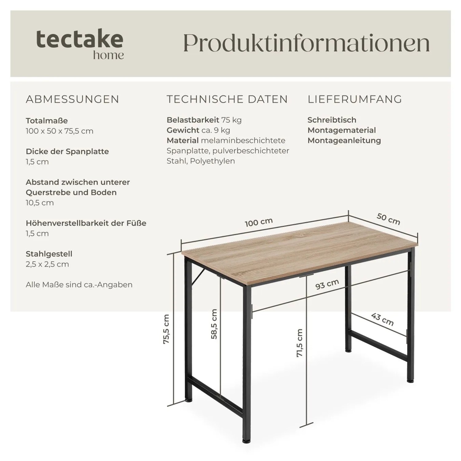 Tectake Schreibtisch Jenkins im Industrial Style mit Holzplatte in Eiche Sonoma und schwarzem Stahlgestell.