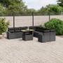 Schwarze 11-tlg. vidaXL Garten-Sofagarnitur aus Poly Rattan mit Tisch und Kissen.