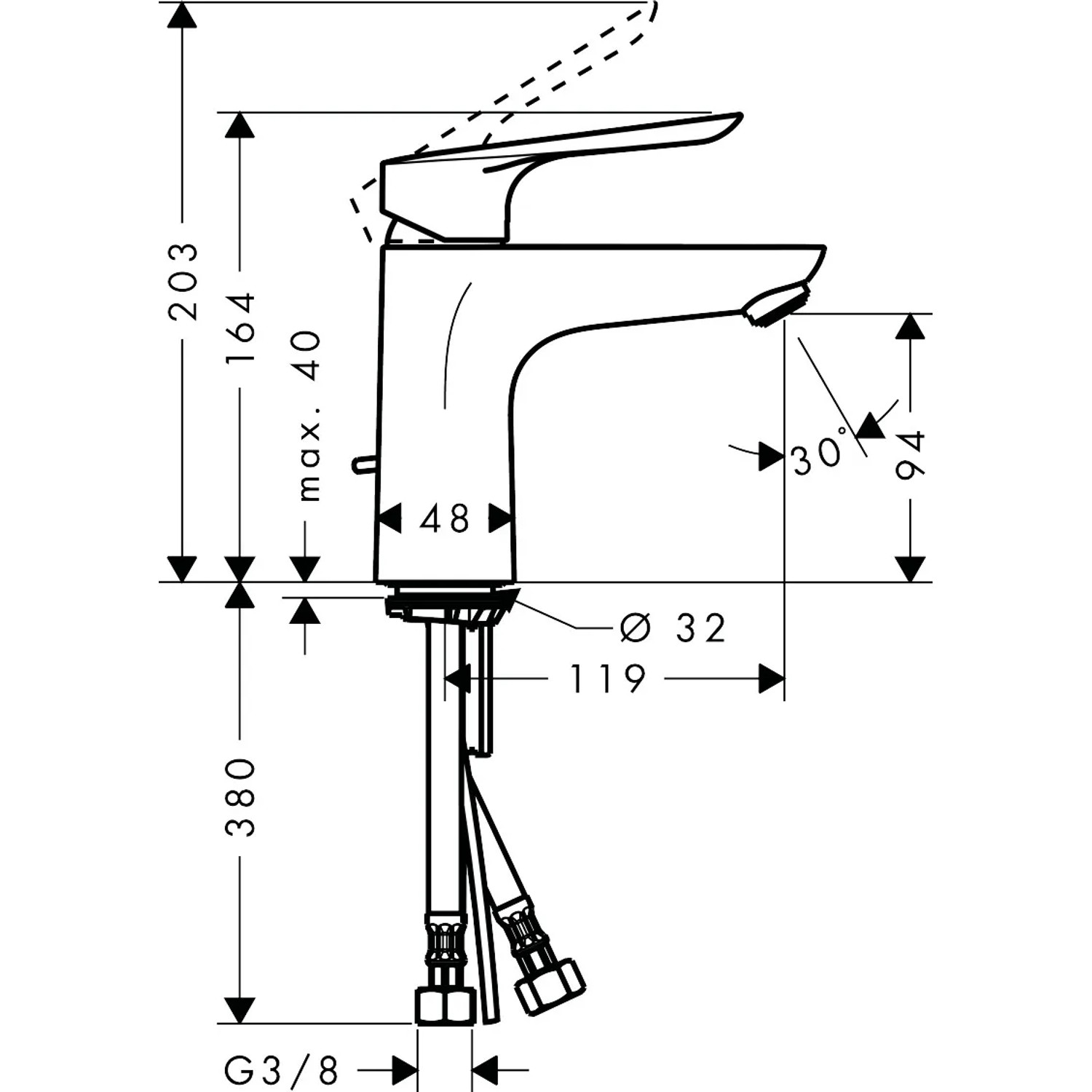 Technische Zeichnung: Hansgrohe Logis E Waschtischarmatur 100mm, Chrom, mit Maßen.
