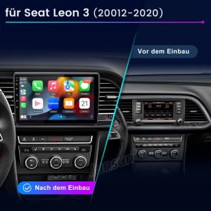 Junsun Autoradio für Seat Leon 3: Vorher-Nachher-Vergleich des Armaturenbretts mit großem Touchscreen.