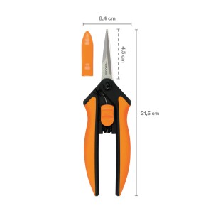 Fiskars Gartenschere Microtip SP130 mit orangefarbenen Griffen und Schutzhülle.