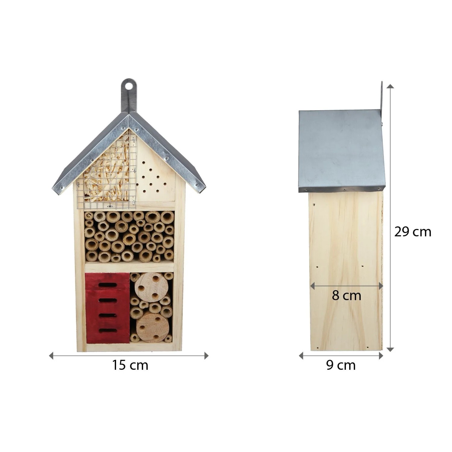 CULT at home Insektenhotel aus Kiefernholz, braun-rot, mit Metall-Dach und Bambusröhren. Maße: 29x15x9 cm.