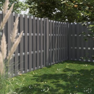 Anthrazitfarbener Sichtschutzzaun aus WPC mit Aluminiumelementen, 180x180 cm, für Garten und Terrasse.