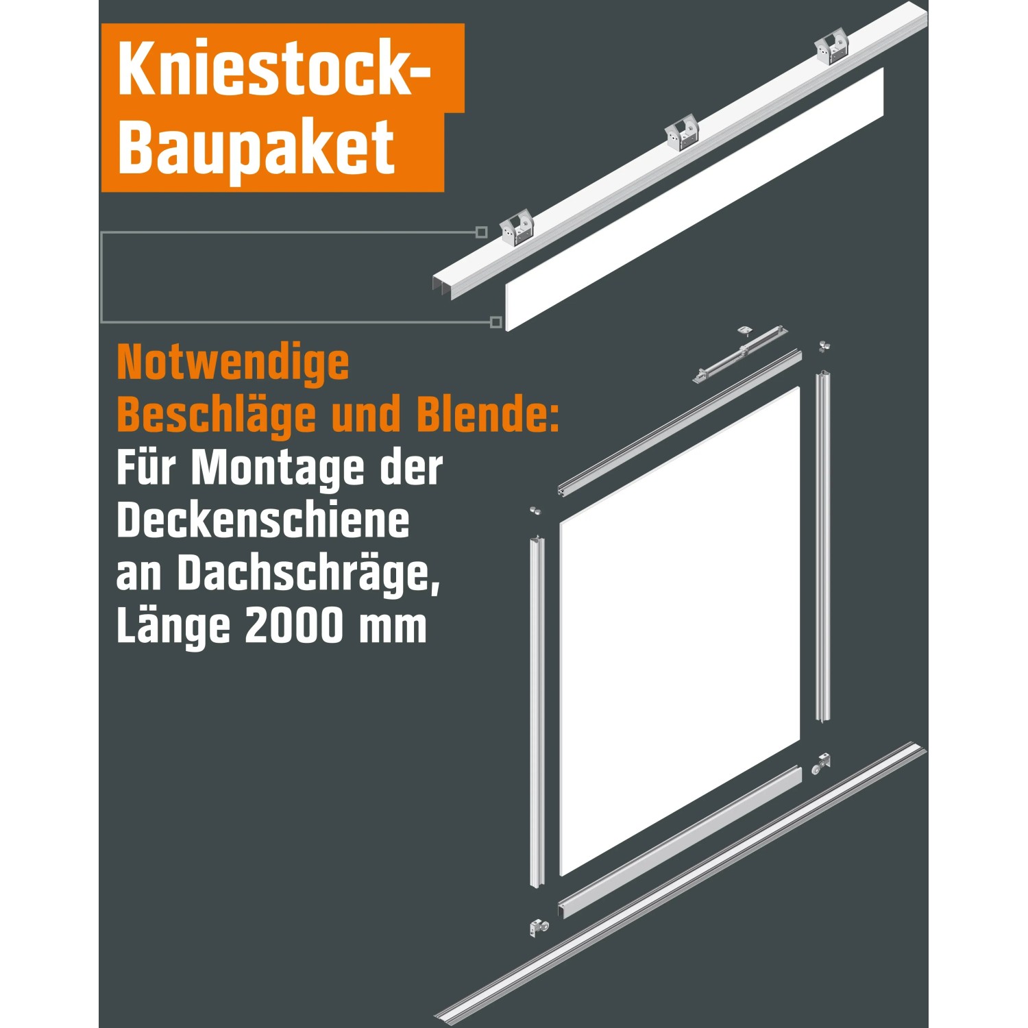 Kniestock Bausatz mit Beschlag und Blende (2000 mm) zur Montage einer Schiebetür an Dachschrägen.