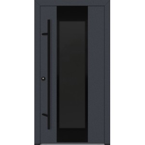 Anthrazitfarbene FM Türen AS68 Haustür mit Edelstahlgriff und Glaseinsatz.