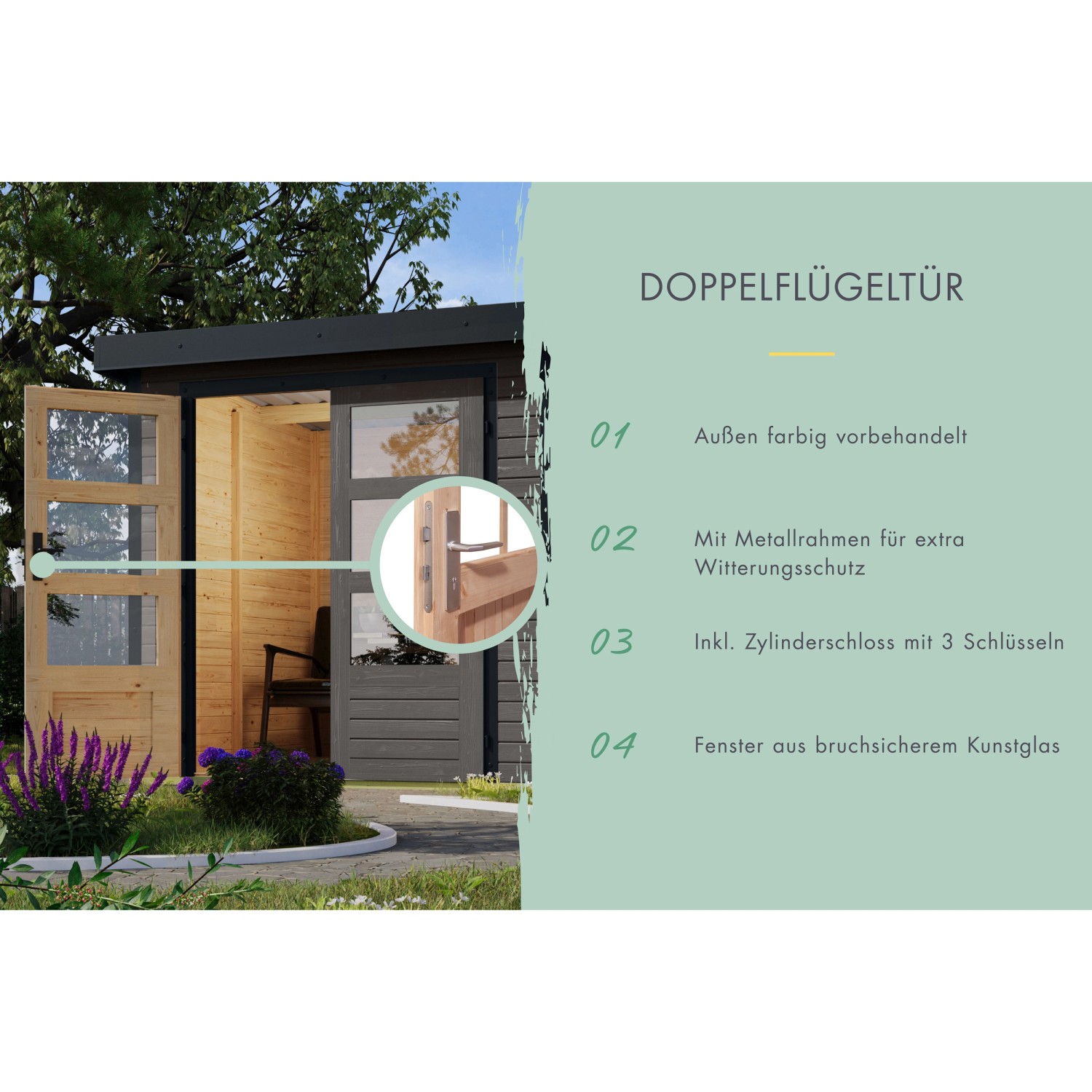 Karibu Gartenhaus Ernesto B: Detailansicht der Doppelflügeltür mit Metallrahmen und Zylinderschloss.