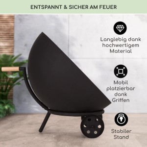 Schwarze Blumfeldt Fireball Egon Feuerschale mit Grillrost und Rädern.