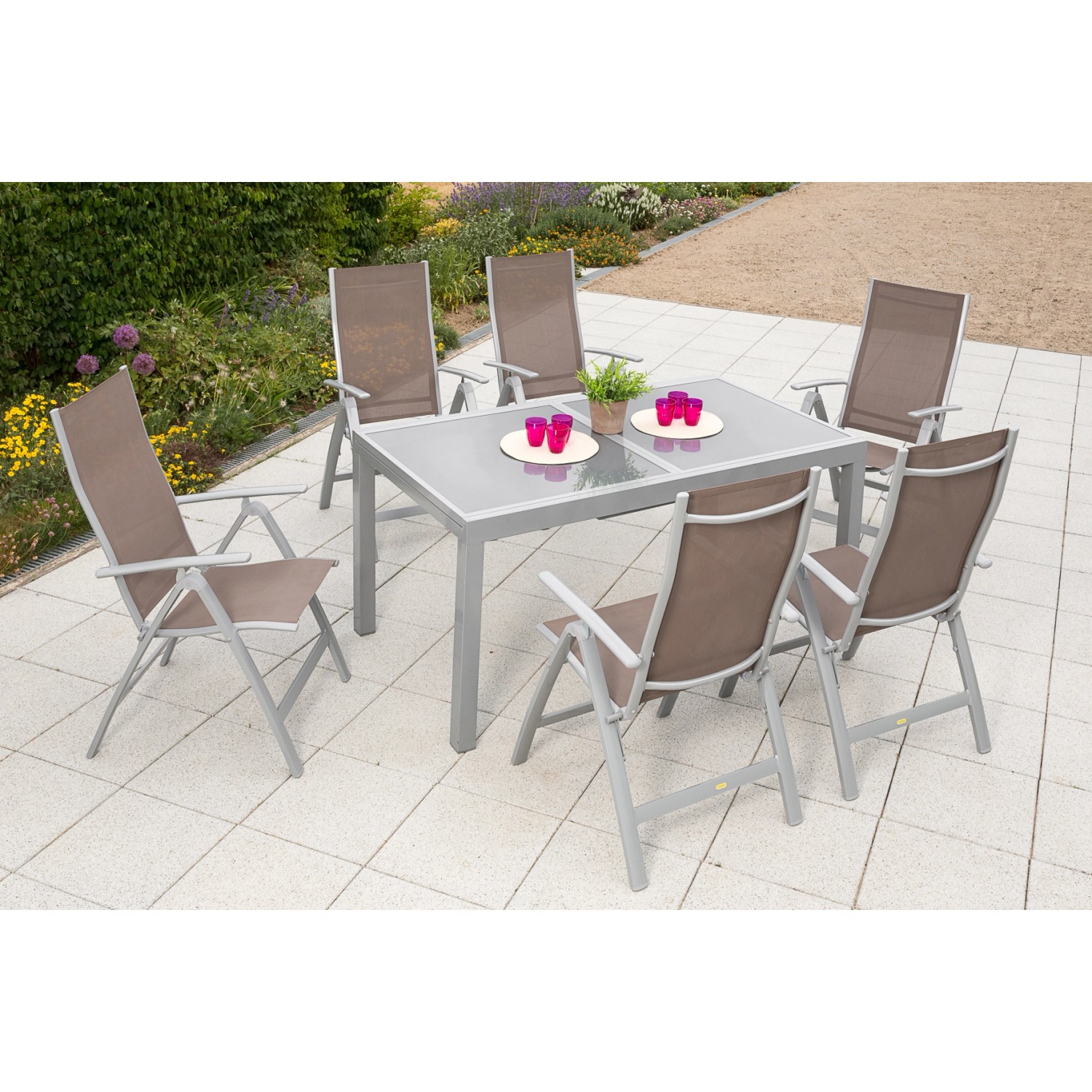 7-teiliges Gartenmöbel-Set Carrara in Taupe mit Tisch (160/220x90cm) und 6 verstellbaren Sesseln.