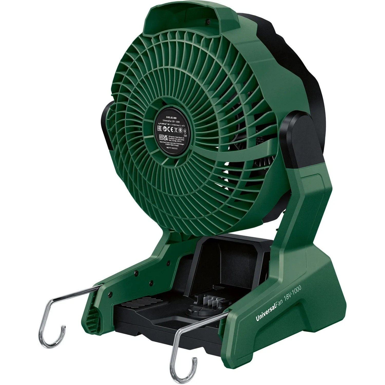 Bosch Akku-Ventilator UniversalFan 18V-1000 Solo, grüner Akku-Lüfter für flexible Befestigung.