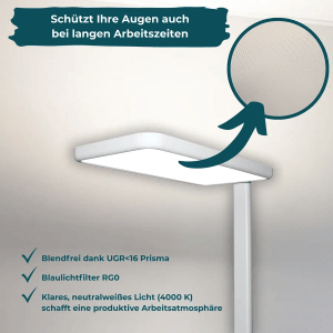 Weiße LUXULA LED Stehlampe für Büro: Dimmbar, blendfrei, neutralweißes Licht.