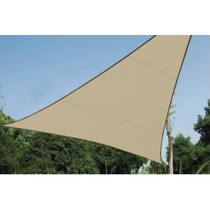 Cremefarbenes Perel Dreieck-Sonnensegel 360x360 cm, wasserdurchlässig, für Garten und Terrasse.