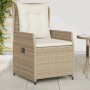 Beiger, verstellbarer Gartensessel aus Polyrattan mit cremeweißen Kissen, 2er Set.
