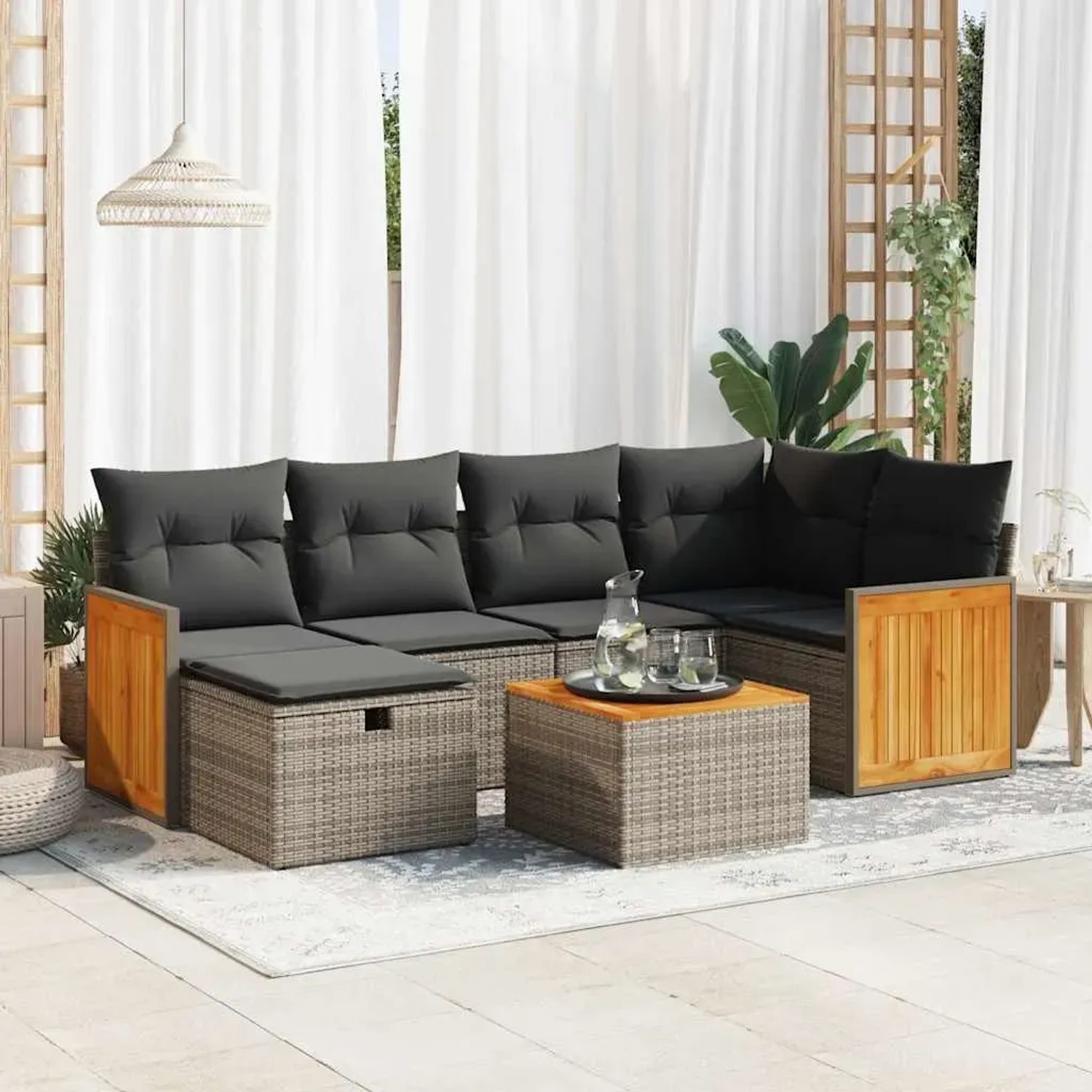Graue 7-tlg. vidaXL Garten-Sofagarnitur aus Polyrattan mit Kissen und Tisch.