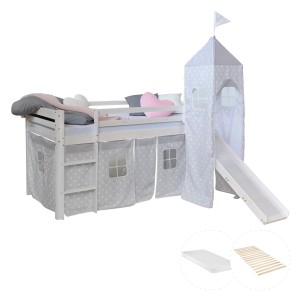 Homestyle4u Kinderhochbett 90x200 Weiß mit Lattenrost und Matratze 2774
