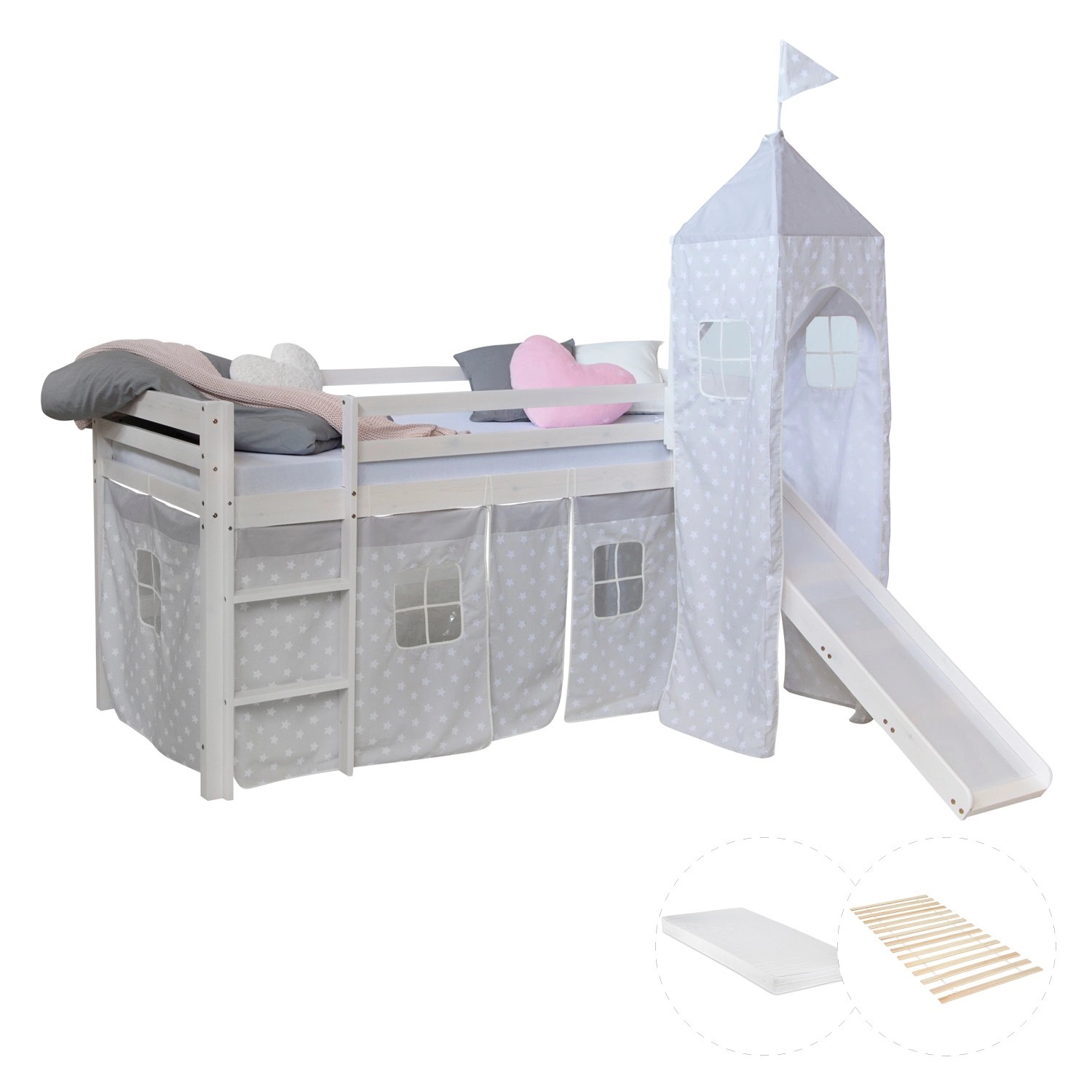 Homestyle4u Kinderhochbett 90x200 Weiß mit Lattenrost und Matratze 2774 günstig online kaufen