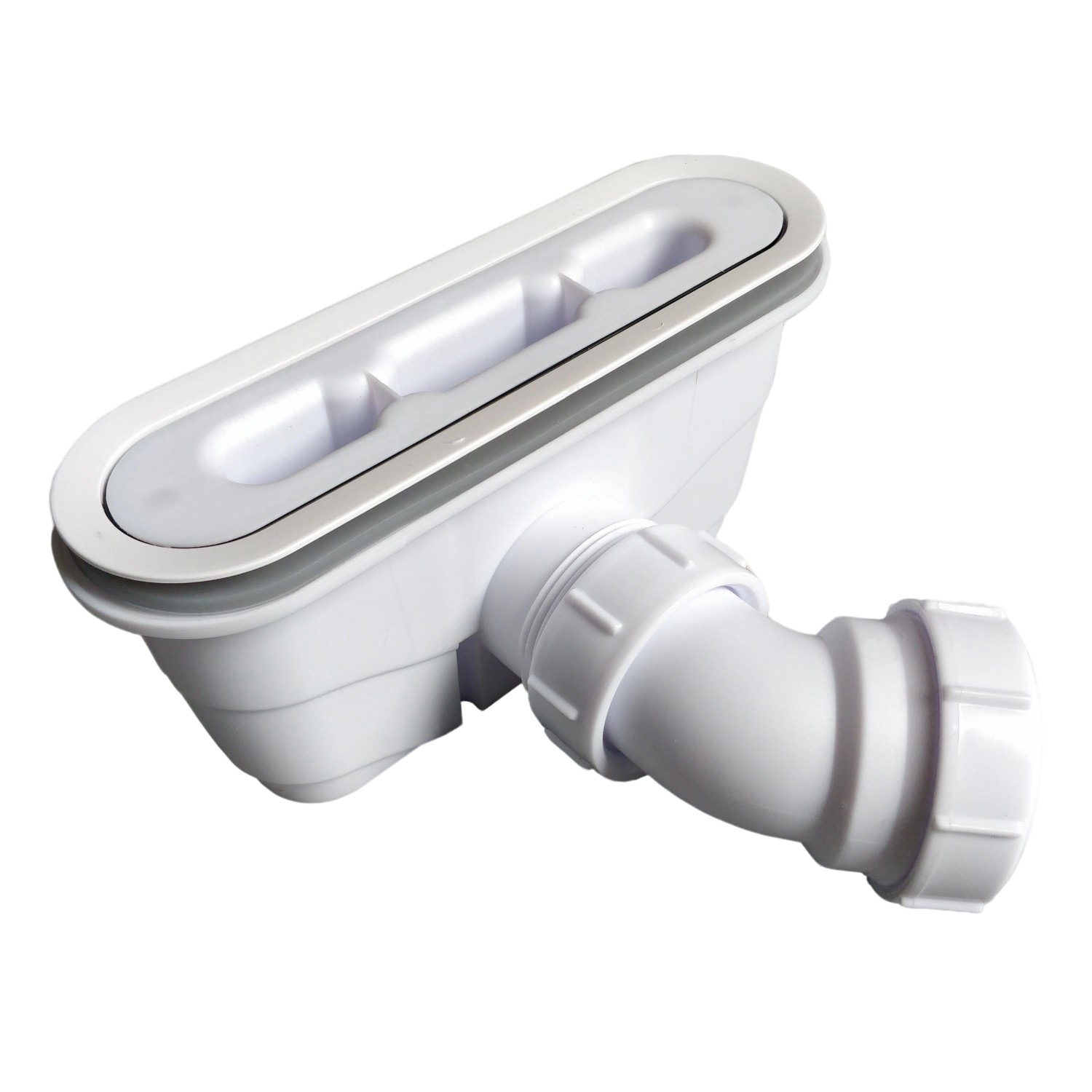 Detailaufnahme der Ablaufgarnitur für AICA Duschtasse, weiß.