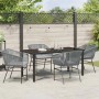 Graues 5-teiliges Garten-Essset aus Poly Rattan mit Tisch und Stühlen inklusive Kissen.