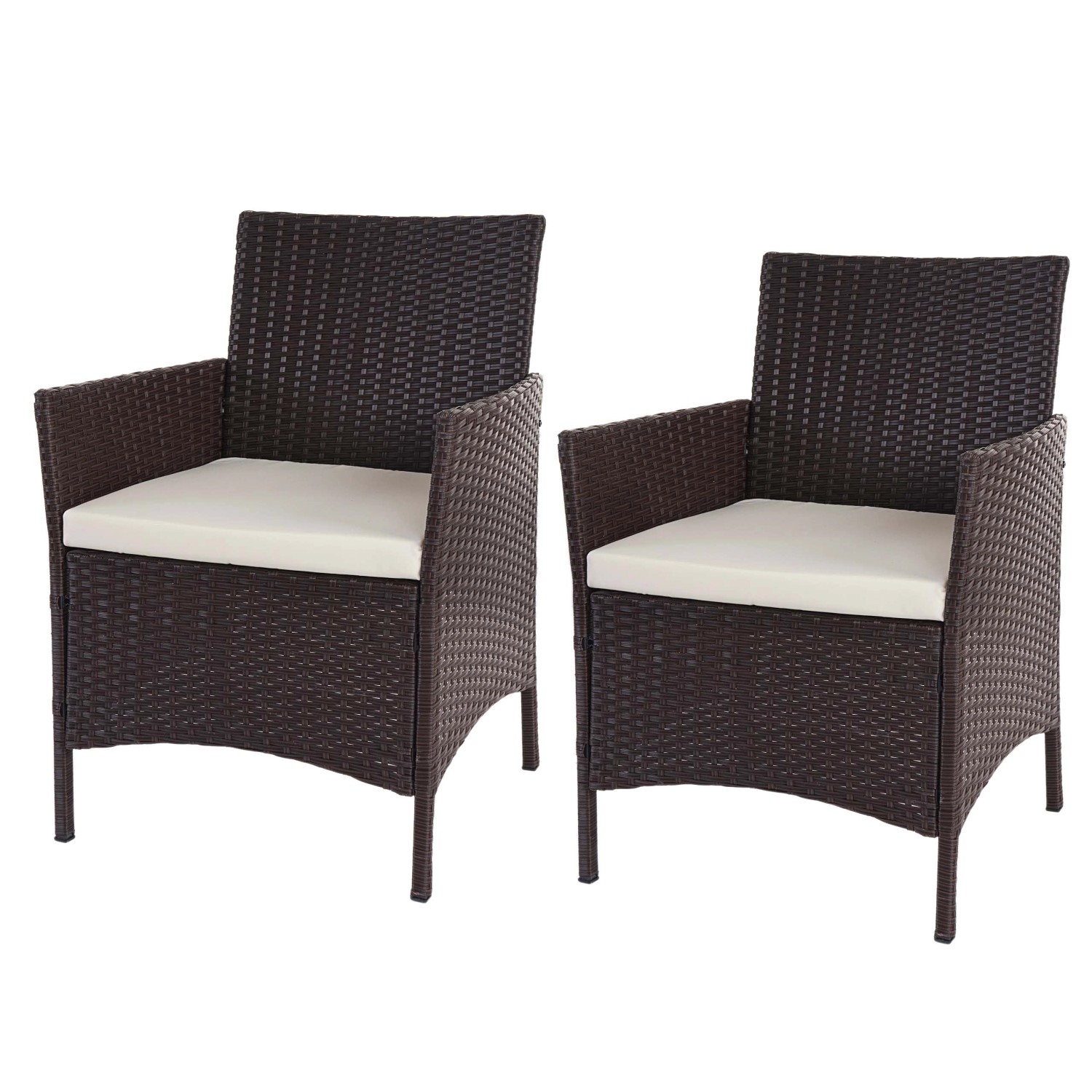 Zwei braun-melierte Poly-Rattan Sessel Hamar mit creme-farbenen Kissen. Lounge-Gartenmöbel.