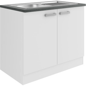 OPTIFIT Oslo214 Spülenunterschrank, 100 cm, Feinstruktur Weiß mit Edelstahlspüle.