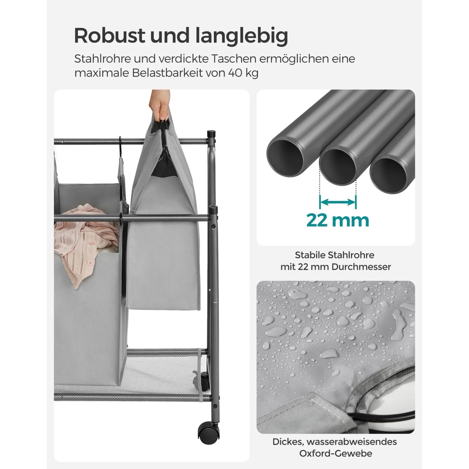 Grauer Songmics Wäschesammler mit 4 Fächern und Rollen. Wäschekorb für 140 l Wäsche.