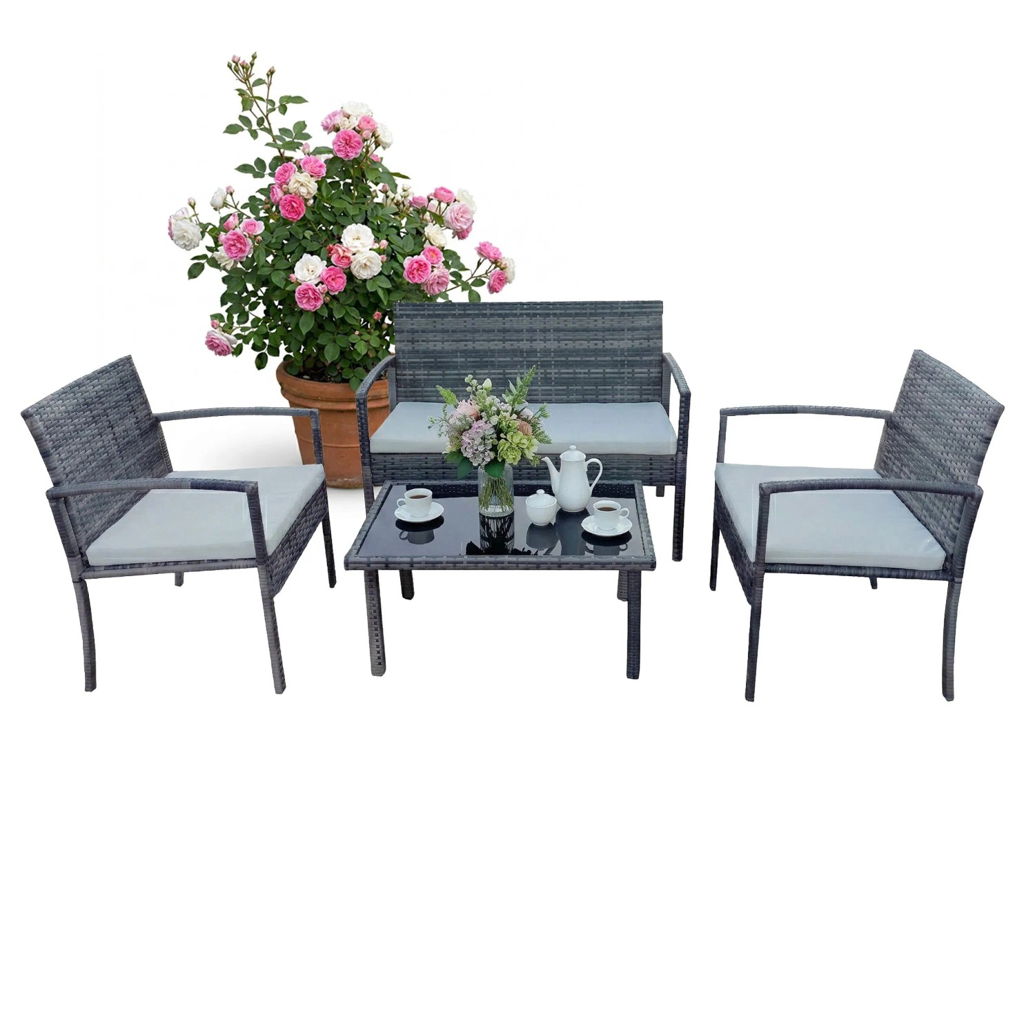 Relaxdays Gartenmöbel Set Polyrattan Grau 4-teilig 106 cm x 58 cm x 78 cm