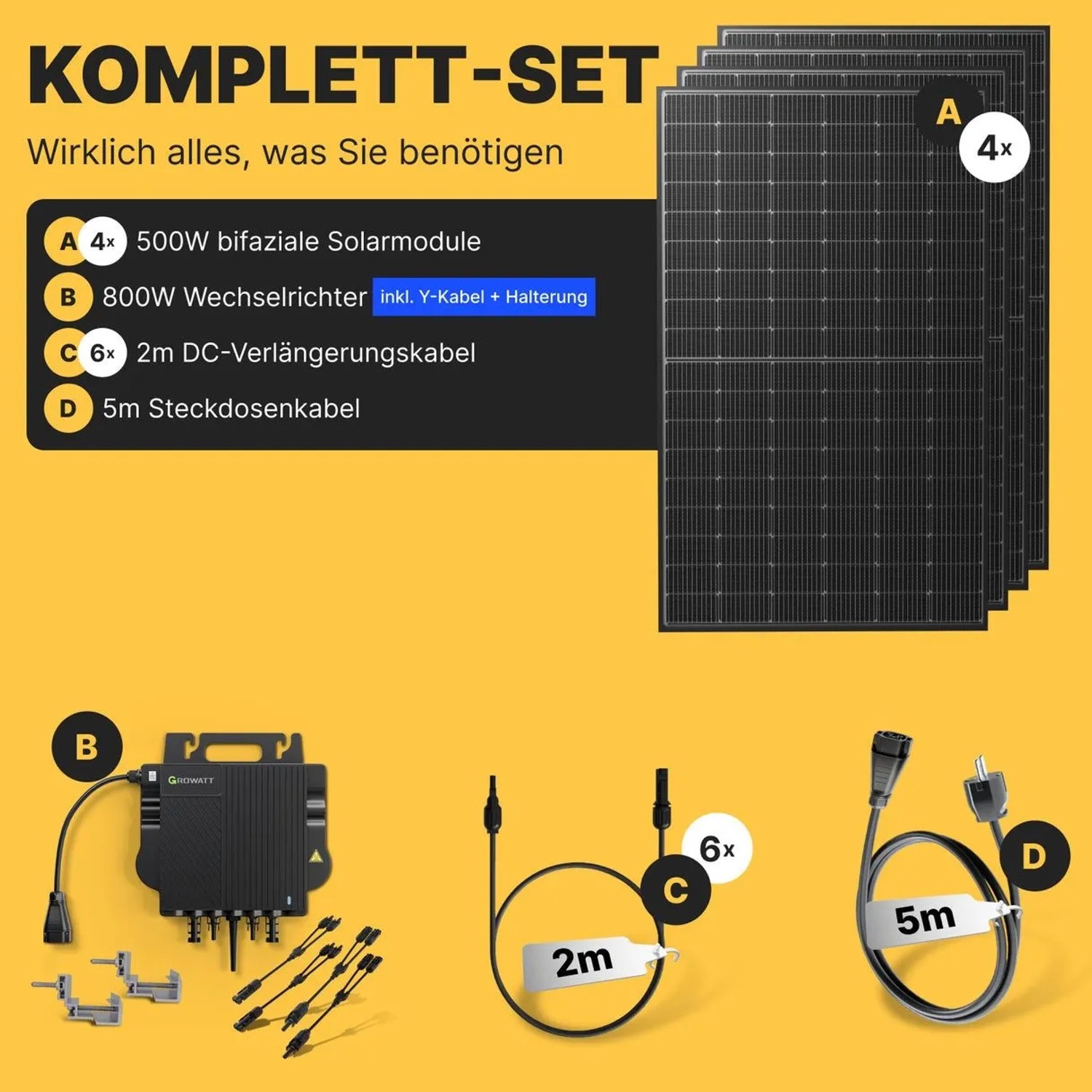 Solakon Balkonkraftwerk 2000W Komplettset mit 4 Solarmodulen, Wechselrichter und Kabeln.