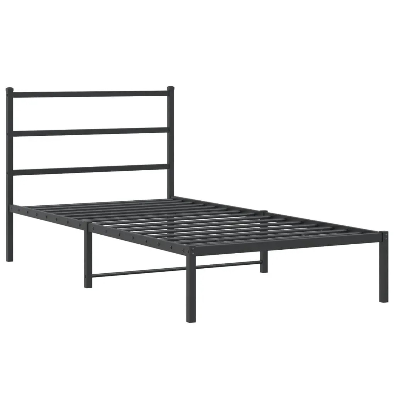 Schwarzes Metall Bettgestell 107x203 cm mit Lattenrost und Kopfteil für Matratze (nicht enthalten).