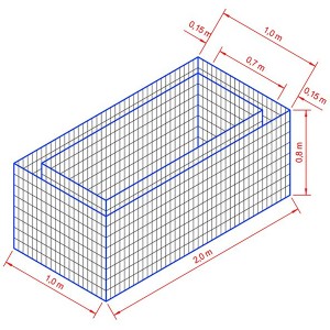 Skizze eines Gabionen-Hochbeets, 200x100x80 cm, Drahtgitterstruktur mit Maßangaben.