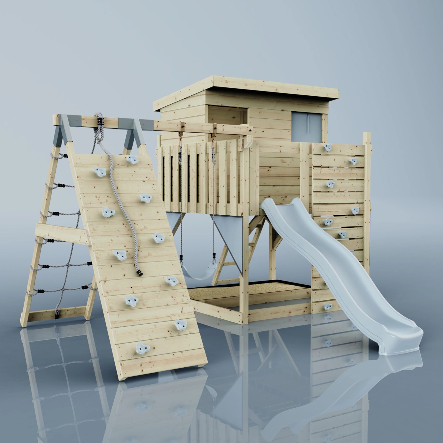 PolarPlay Spielturm Emil mit Schaukel, Kletterwand und Rutsche aus Holz.