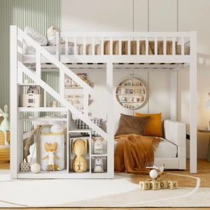 PXloue Etagenbett 140x200cm-Hochbett mit Treppe und Stauraum Lattenrost&Schutzgittern Weiß