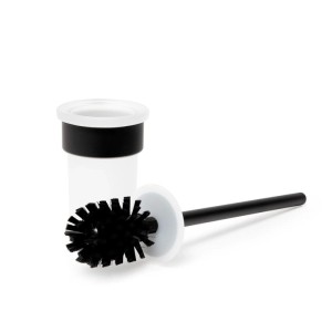 Moderne schwarze Toilettenbürste mit weißem Halter. Badaccessoire für das Badezimmer.