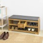 Bambus Schuhregal mit grauer Sitzbank, 2 Ablagen und Schublade. Praktischer Schuhständer für den Flur.