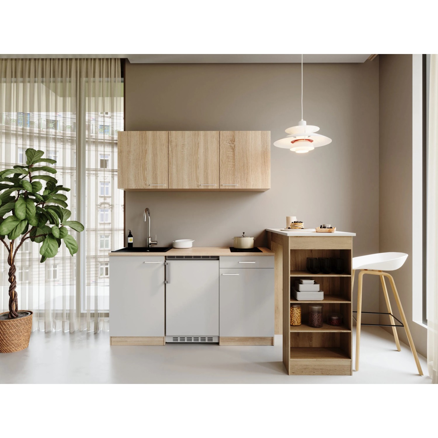 Respekta Ingrid Singleküche 150 cm Weiß mit Bartisch