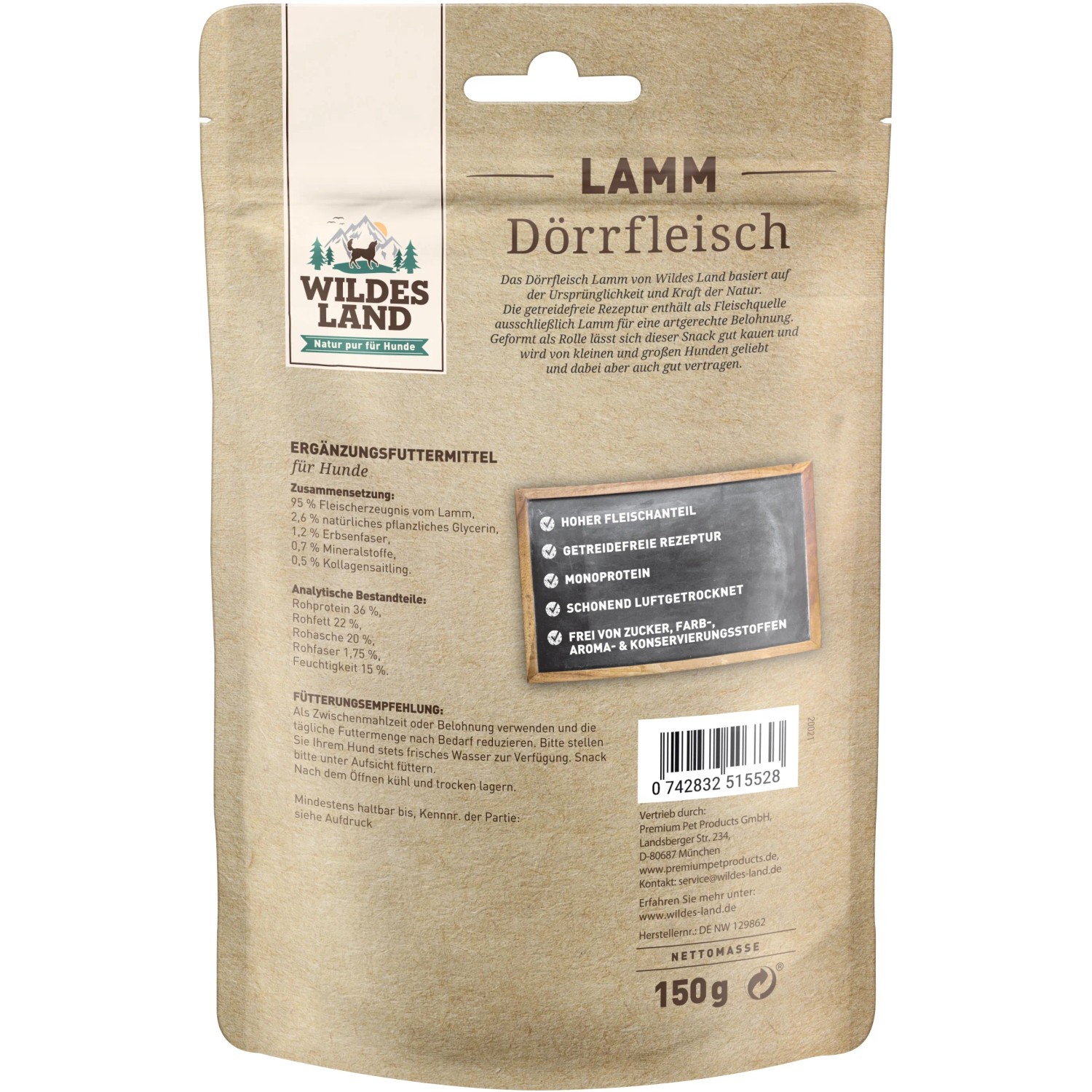 Wildes Land Hunde-Snack Lamm Dörrfleisch, 150g Packung. Hunde-Kaustreifen aus Lammfleisch.