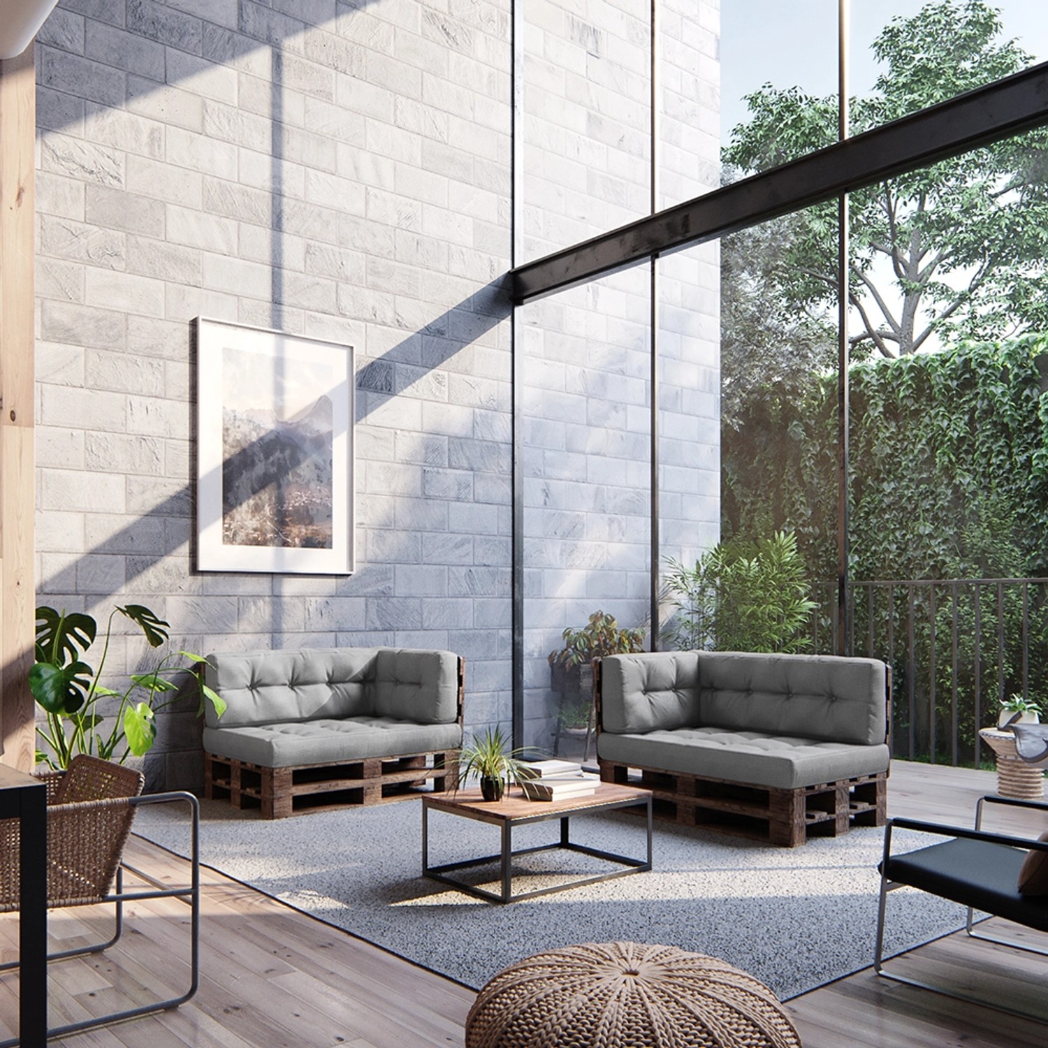 Graues Vicco Palettenkissen Set, 2-teilig, für Palettenmöbel im Garten oder auf der Terrasse.