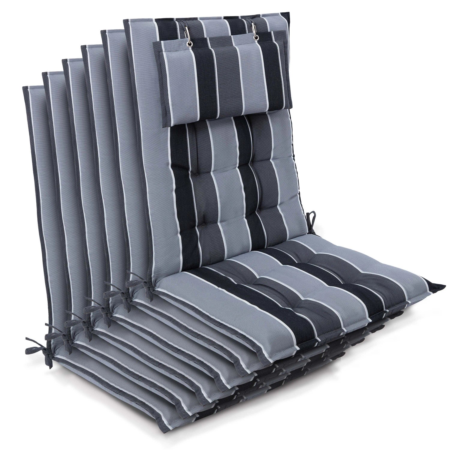 Beautissu 6er Set Sun-HL Hochlehner Auflage 120x50x8cm Anthrazit-Gestreift