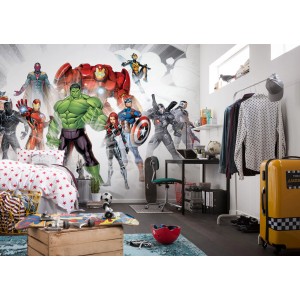 Komar Vliesfototapete Avengers Unite im Kinderzimmer, mit Hulk, Iron Man und Captain America.