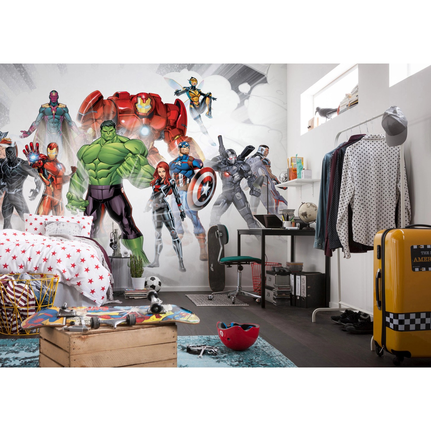 Komar Vliesfototapete Avengers Unite im Kinderzimmer, mit Hulk, Iron Man und Captain America.