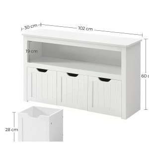 Weißer Vasagle Spielzeugschrank (102x30x60cm) mit Rollen und Fächern für Kinderzimmer.