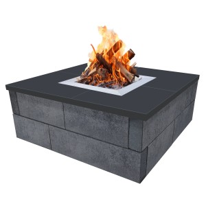 EHL CityPur Feuerstelle mit Tribus-Set, grau-anthrazit, mit brennendem Holz. Gartengestaltung mit Mauersteinen.