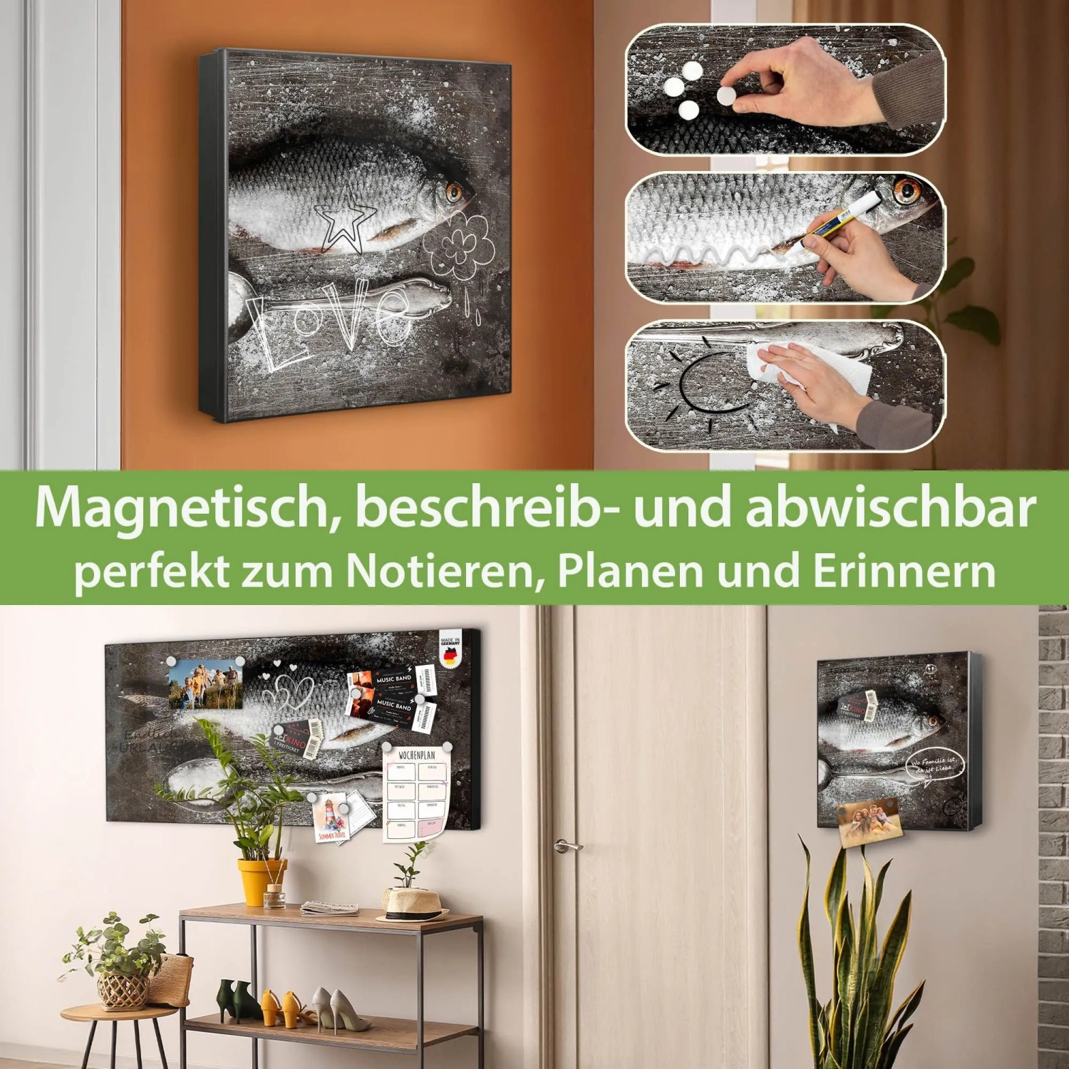 Banjado Großer Schlüsselkasten Metall 30x30cm Schwarz Scharnier Links 50 Haken Beschreibbar Magnetisch Motiv Fisch Und Salz