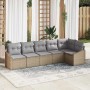 Beiges 6-teiliges vidaXL Garten-Sofa-Set aus Poly Rattan mit grauen Kissen.
