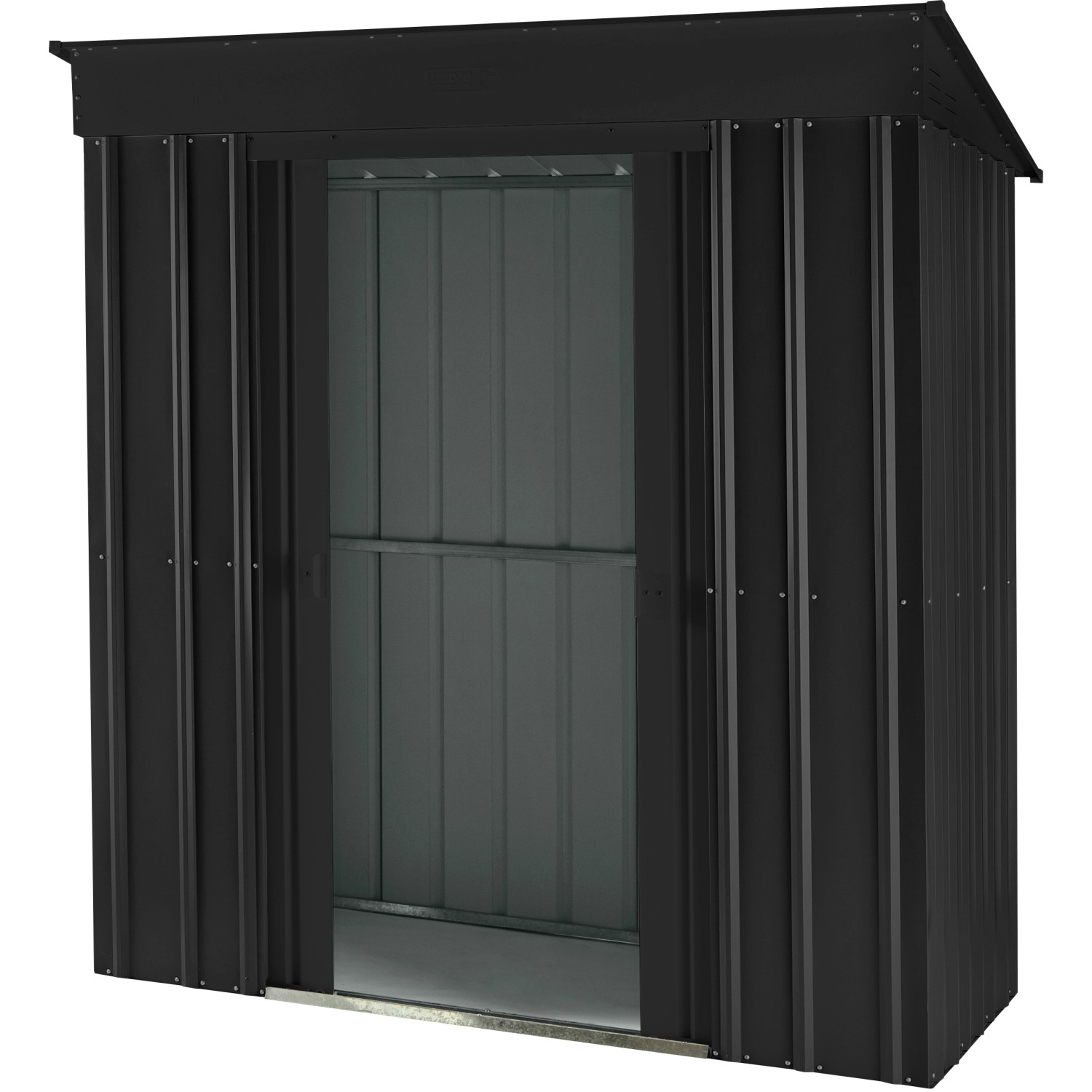 Globel Metall-Gerätehaus Skillion 64, anthrazit, mit offenem Eingang.