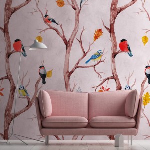 Fototapete mit Vogelmuster in Rosa, Braun, Gelb und Blau von PROFHOME.